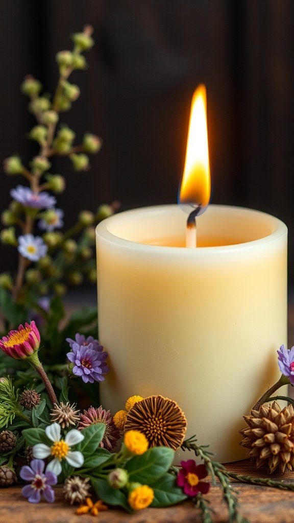 A lit beeswax candle surrounded by colorful flowers.