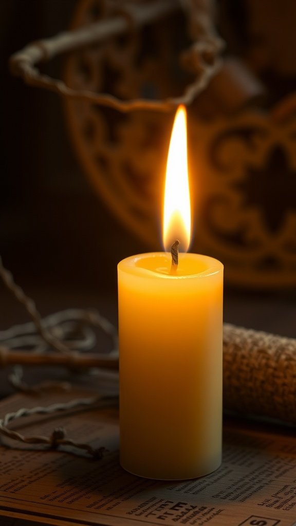 A glowing beeswax candle with a wooden wick, showcasing its warm color and inviting glow.