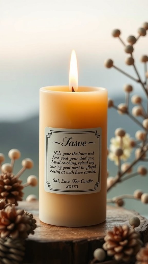 A personalized beeswax candle with a warm glow and decorative elements.