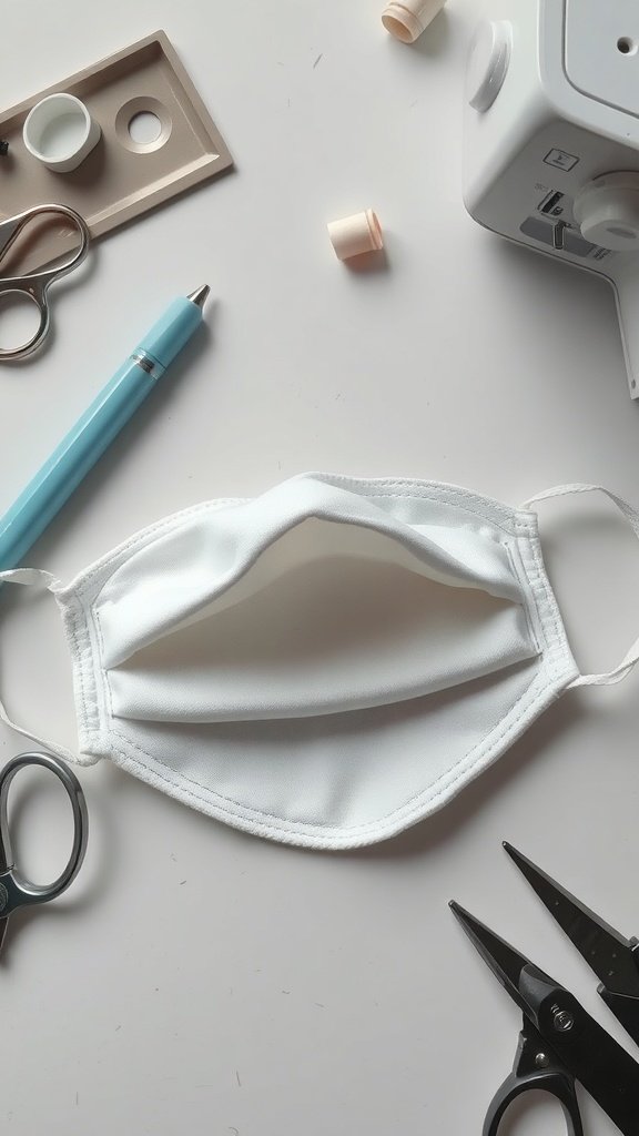 Un masque blanc avec une poche filtrante, entouré d'outils de couture comme des ciseaux et une machine à coudre.