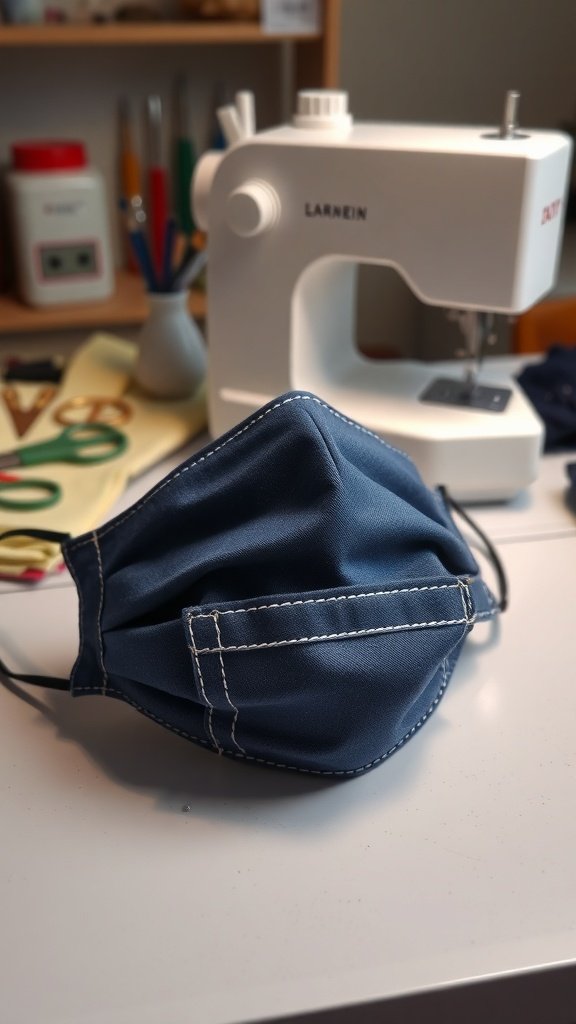 Un masque bleu avec une poche pour un fil de nez, placé sur une table à côté d'une machine à coudre.