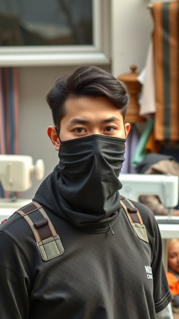 Une personne portant un masque facial de style guêtre noir, mettant en valeur son design pratique.