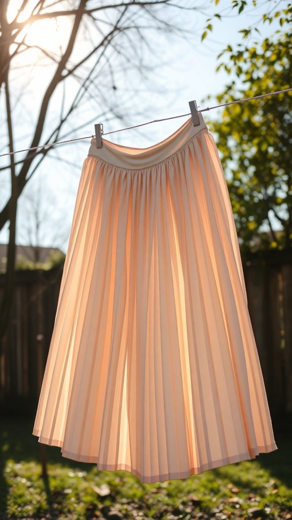 Una falda midi plisada colgada en un tendedero, mostrando sus suaves pliegues y su tela ligera.