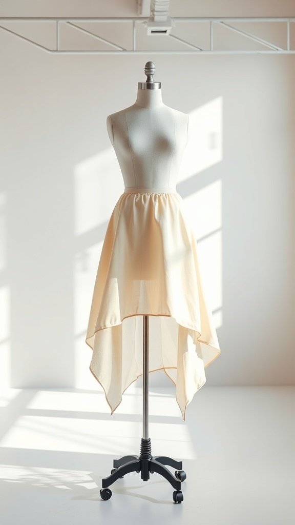 Un maniquí que exhibe una falda con dobladillo asimétrico de color claro en un espacio bien iluminado.