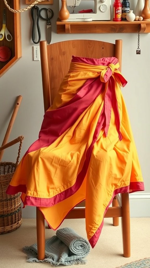 Una falda cruzada colorida con lazos exhibida en una silla de madera en una sala de costura.