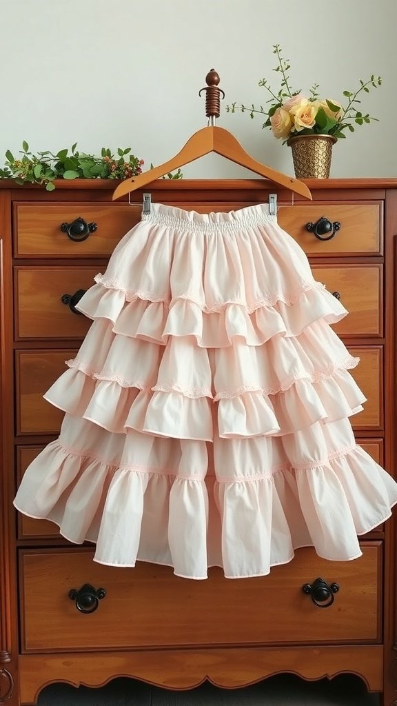 Una falda con volantes escalonados colgada en una percha de madera contra una cómoda de madera.