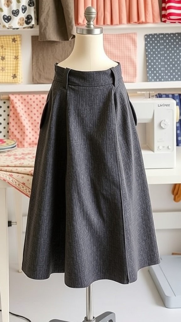 Falda de corte A con bolsillos exhibida en un maniquí en un taller de costura