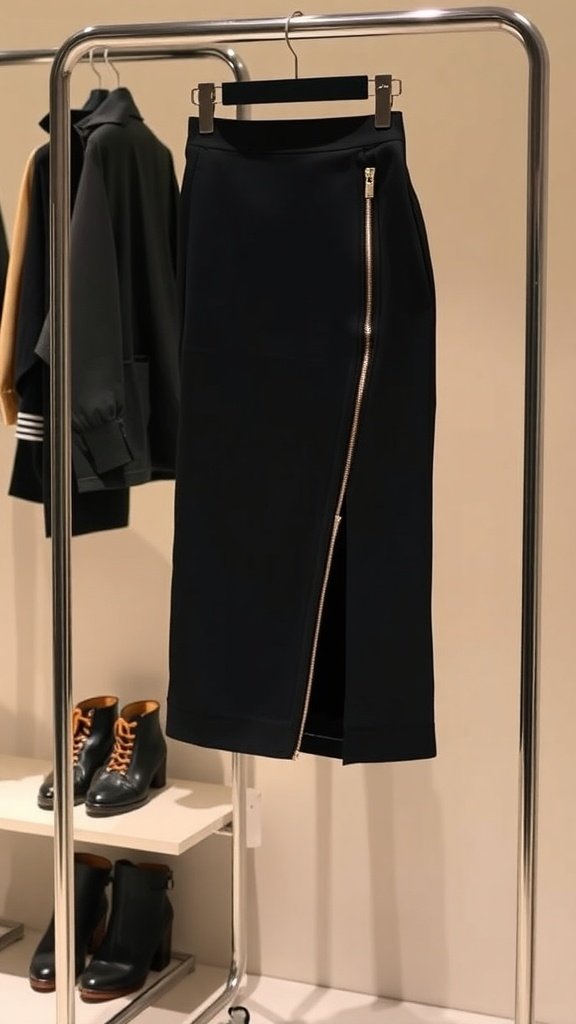 Una elegante falda lápiz con detalle de cremallera exhibida en una percha.