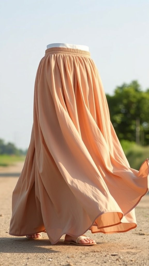 Falda larga color melocotón con cintura elástica que fluye con la brisa.