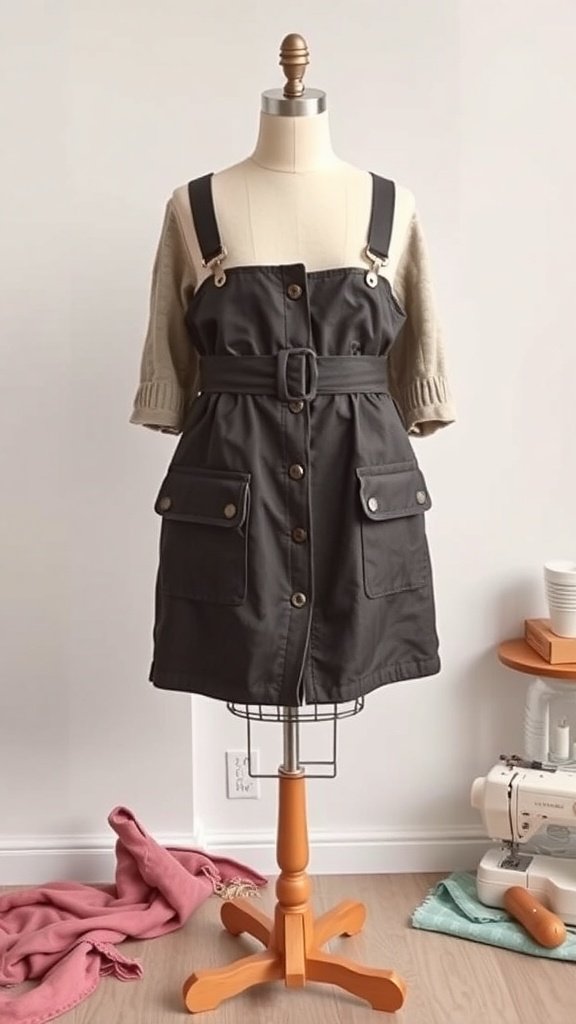 Una falda utilitaria con cinturón exhibida en un maniquí, con bolsillos y correas ajustables.