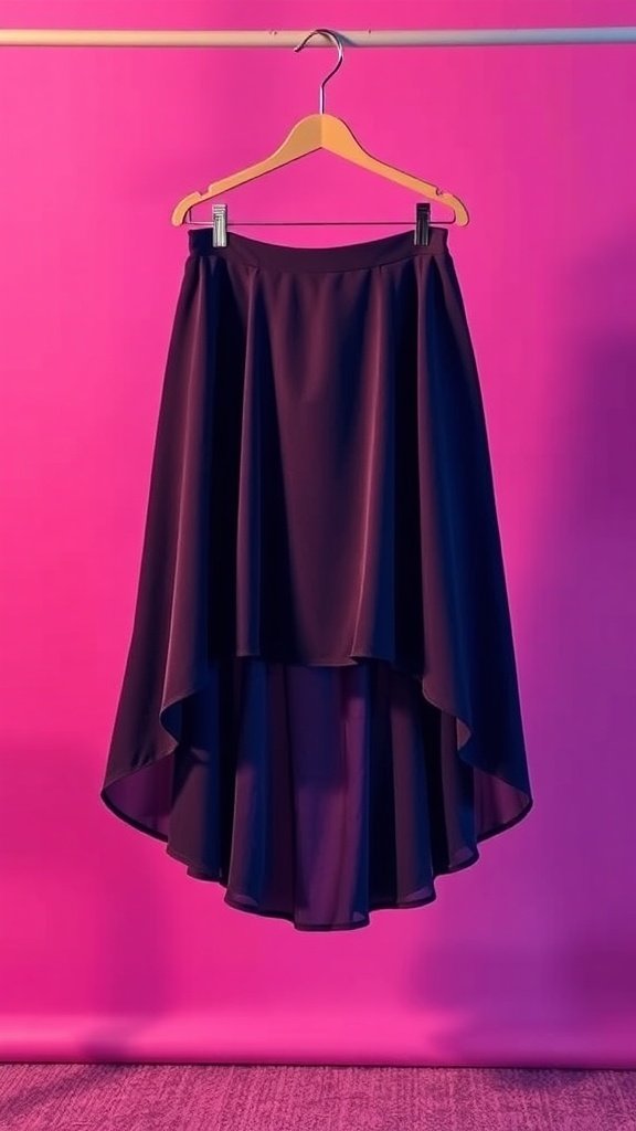 Una falda alta-baja colgada en una percha sobre un fondo rosa.