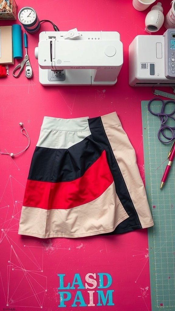 Una falda con ribetes y bloques de color, expuesta sobre una mesa de costura rosa con una máquina de coser y herramientas.