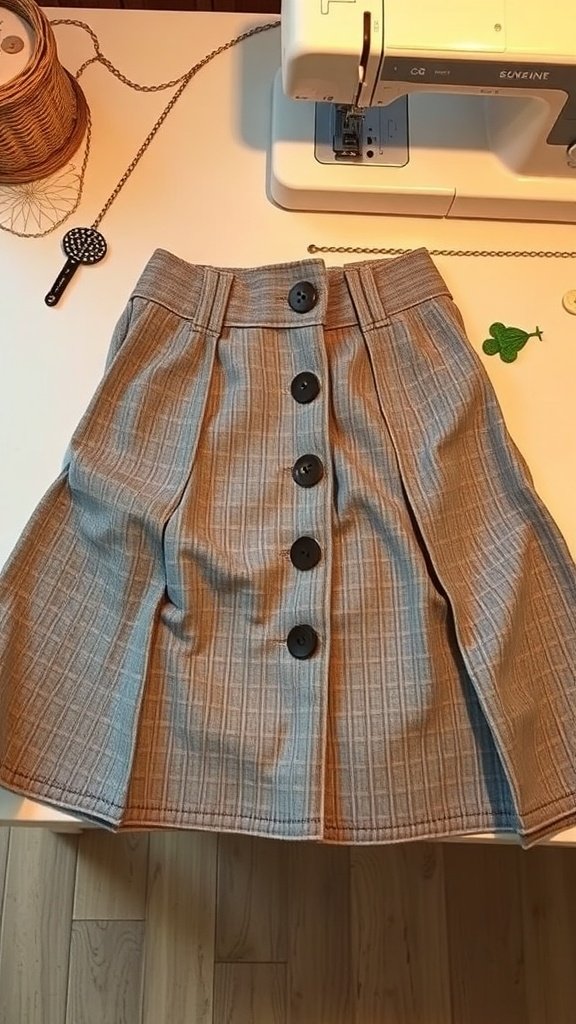 Una falda abotonada al frente exhibida en una mesa de costura con una máquina de coser y materiales para manualidades.