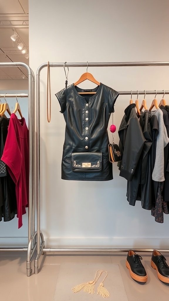 Una minifalda de cuero sintético exhibida en una percha con botones en el frente, rodeada de otras prendas de vestir.