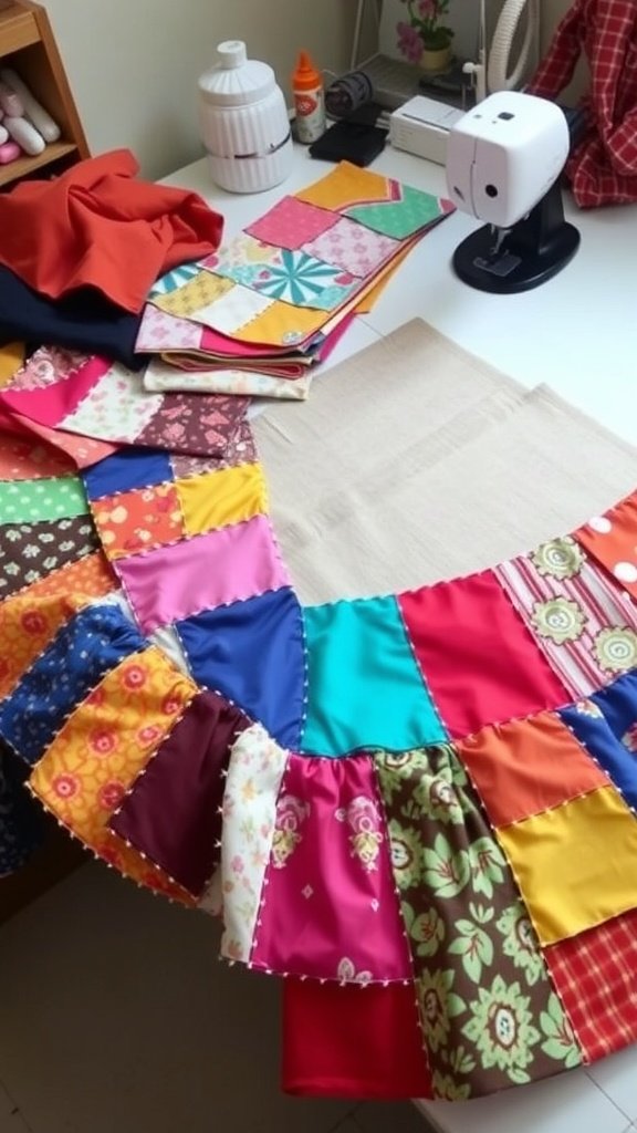Una falda de patchwork colorida en proceso, con varias piezas de tela dispuestas sobre una mesa de costura.