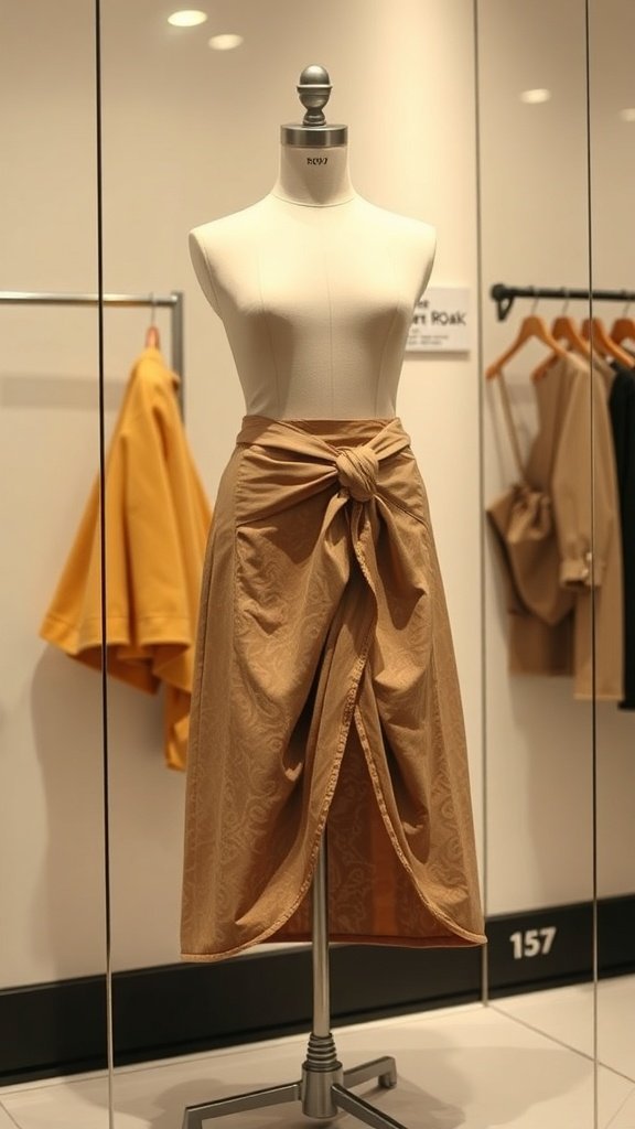 Una elegante falda frontal anudada exhibida en un maniquí, mostrando su diseño único.