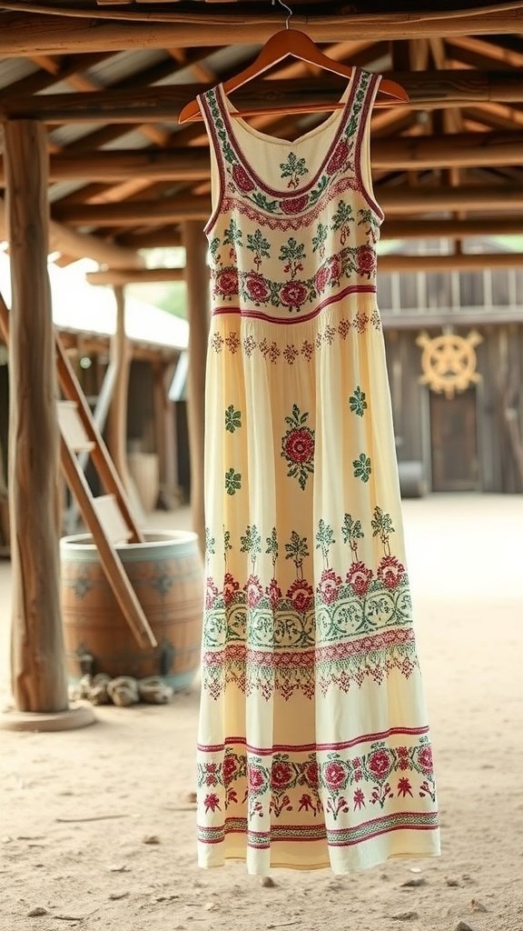 Una falda larga boho con bordados coloridos colgada en un perchero de madera.