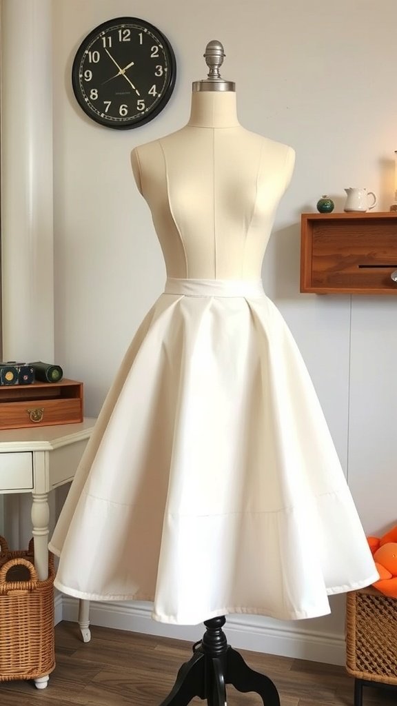 Una falda acampanada de inspiración vintage expuesta en un maniquí en una habitación luminosa.