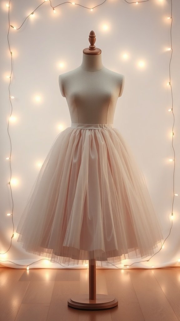 Una falda superpuesta de tul exhibida en un maniquí con luces de hadas en el fondo.