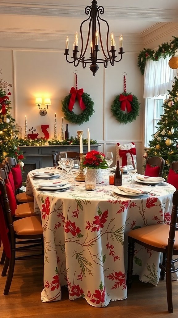 Una mesa festiva con un mantel floral, rodeada de sillas y decorada con un centro de mesa.