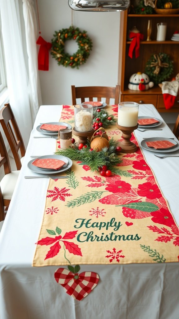 Un camino de mesa con temática navideña con flores rojas y hojas verdes sobre una mesa de comedor, decorado para la temporada navideña.