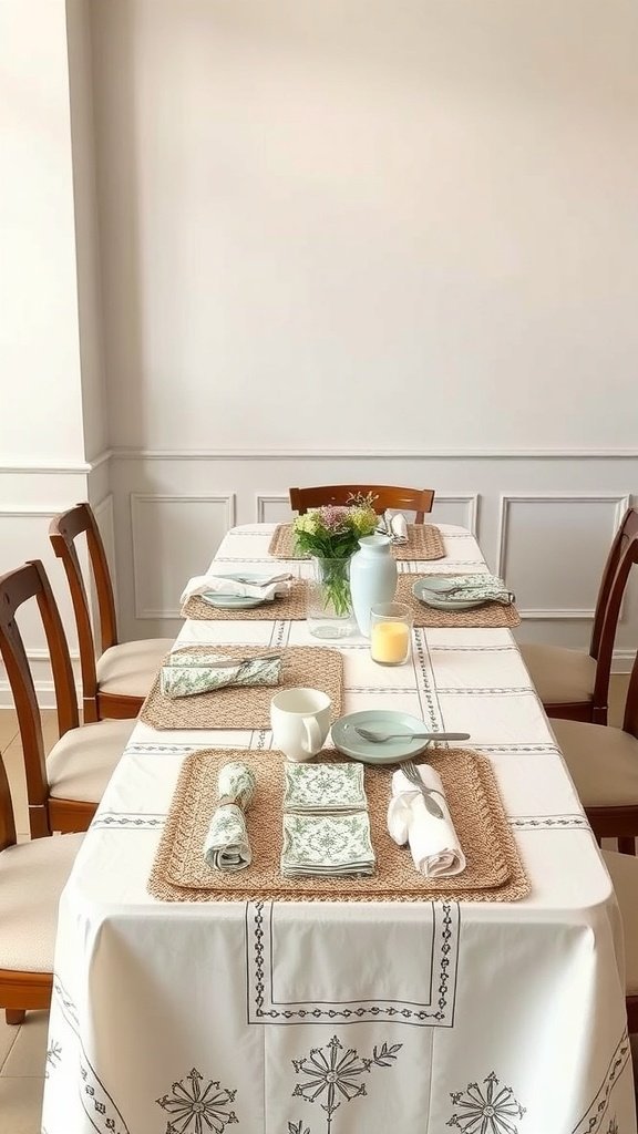 Una mesa de comedor bellamente puesta con mantelería a juego, que incluye un mantel blanco bordado, manteles individuales tejidos y un pequeño jarrón con flores.