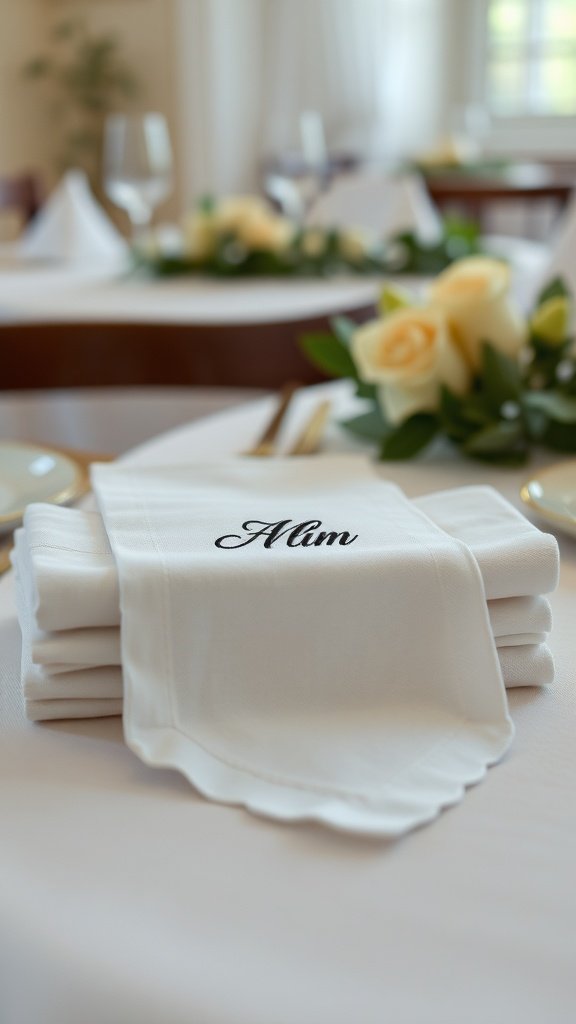 Servilletas blancas personalizadas con iniciales bordadas en una mesa de comedor