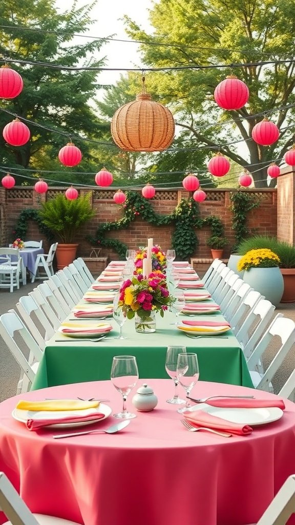 Un comedor al aire libre bellamente organizado con mantelería y linternas de colores.