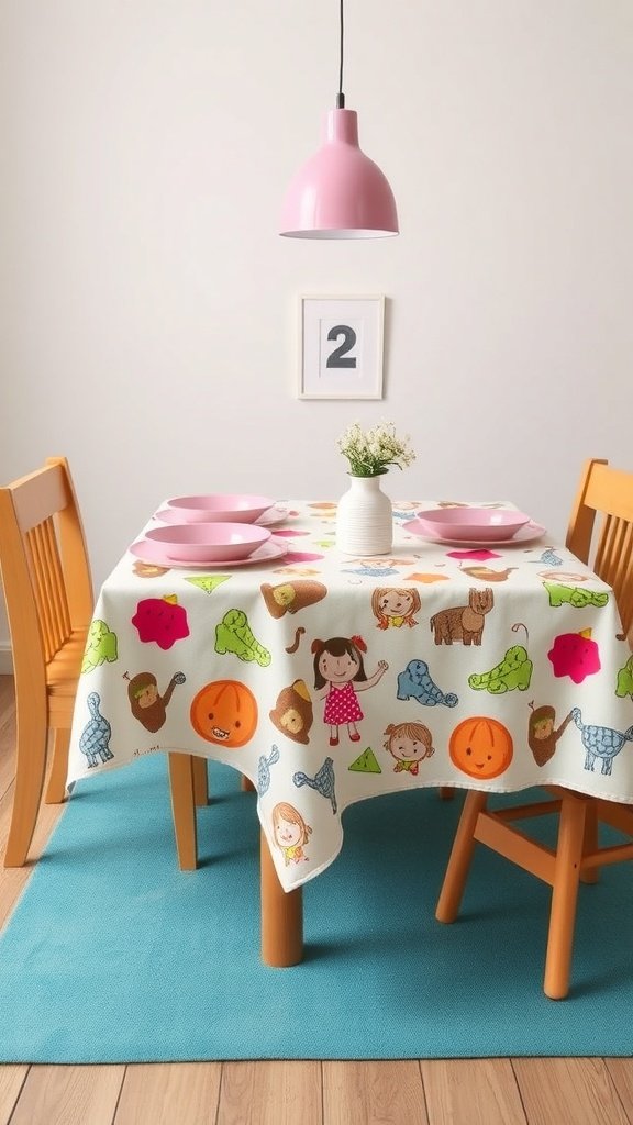 Una mesa alegre con un mantel infantil colorido con estampados divertidos.