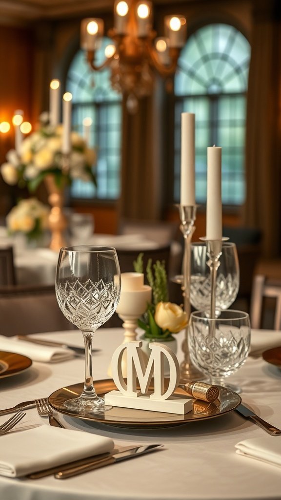 Una mesa de comedor bellamente decorada con accesorios monogramados, cristalería elegante y velas.