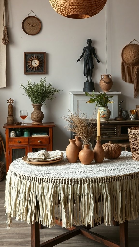 Una mesa de estilo bohemio con mantel con flecos, cerámica y elementos decorativos naturales.
