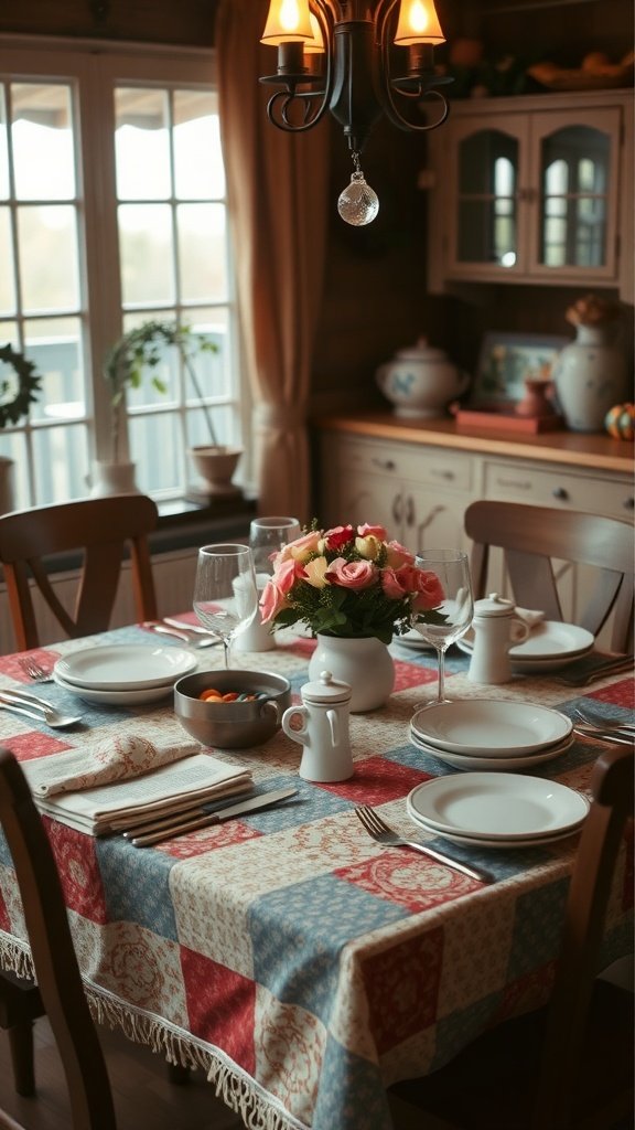 Una acogedora mesa de comedor con un mantel de patchwork, platos, vasos y un arreglo floral.