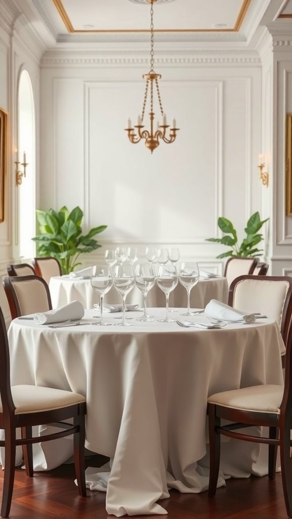 Una mesa de comedor bellamente puesta con un mantel blanco, cristalería elegante y un ambiente sofisticado.