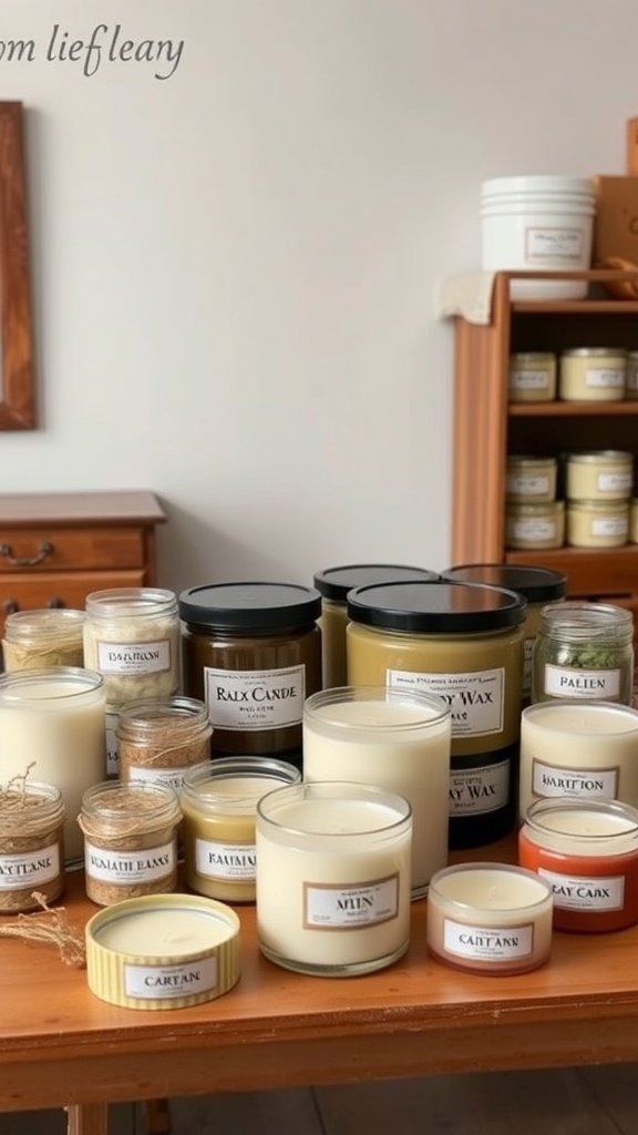 Uma variedade de opções de cera de soja expostas em potes e recipientes sobre uma mesa de madeira.