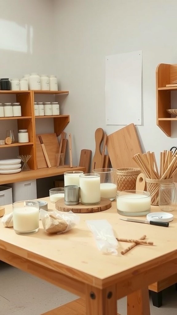 Um espaço de trabalho bem organizado para fabricação de velas com várias ferramentas e materiais.