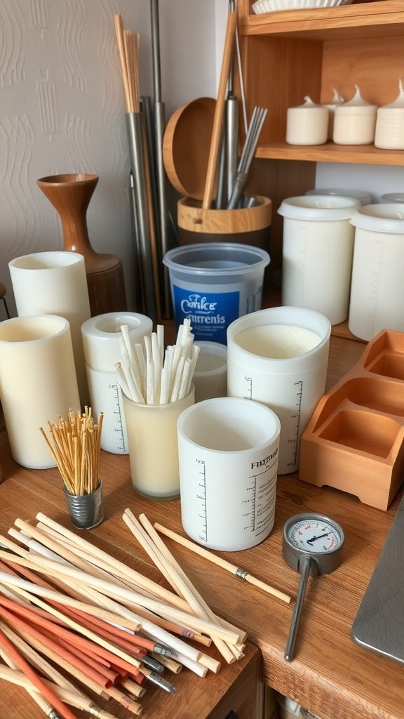 Um espaço de trabalho para fabricação de velas com várias ferramentas, incluindo recipientes, pavios, uma balança, um termômetro e bastões para mexer.