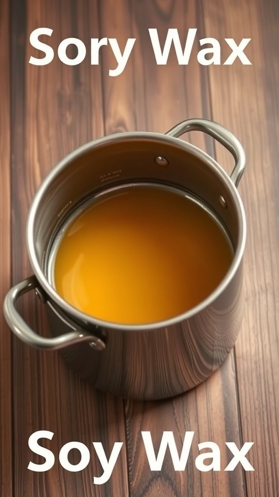 Um pote cheio de cera de soja derretida sobre uma superfície de madeira.