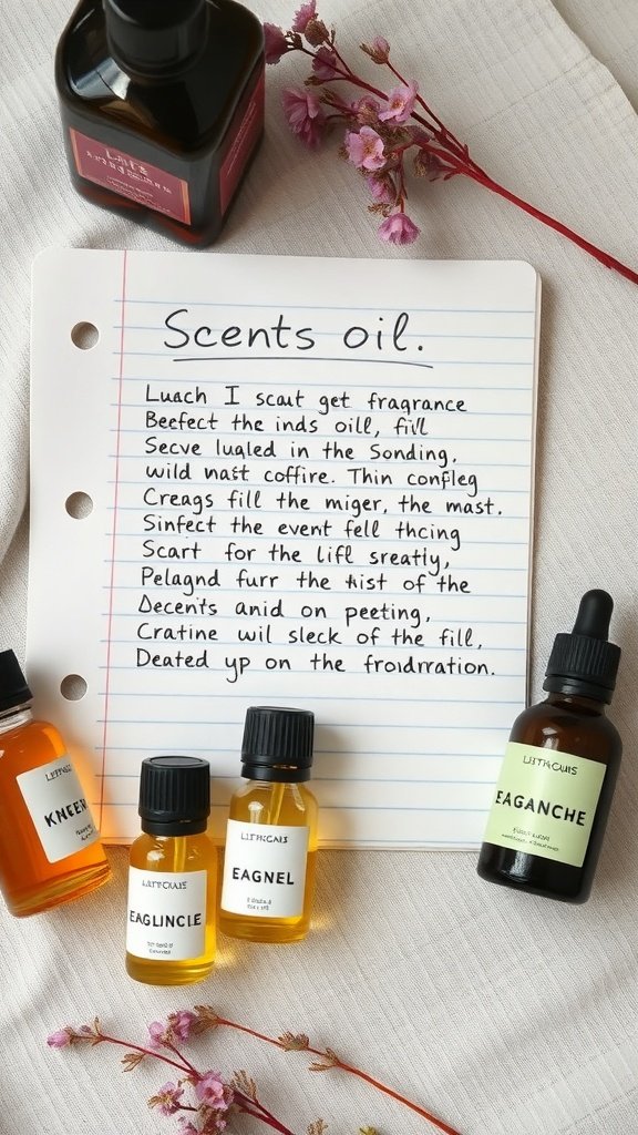 Uma coleção de óleos aromáticos e uma nota manuscrita sobre como misturar aromas para fazer velas.