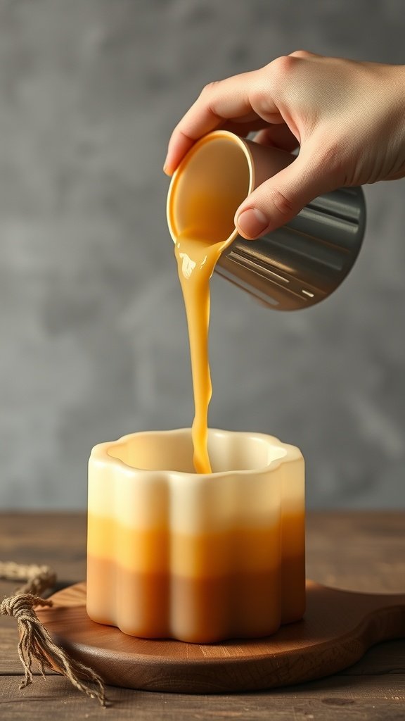 Uma mão despejando cera de soja derretida em um molde de vela.