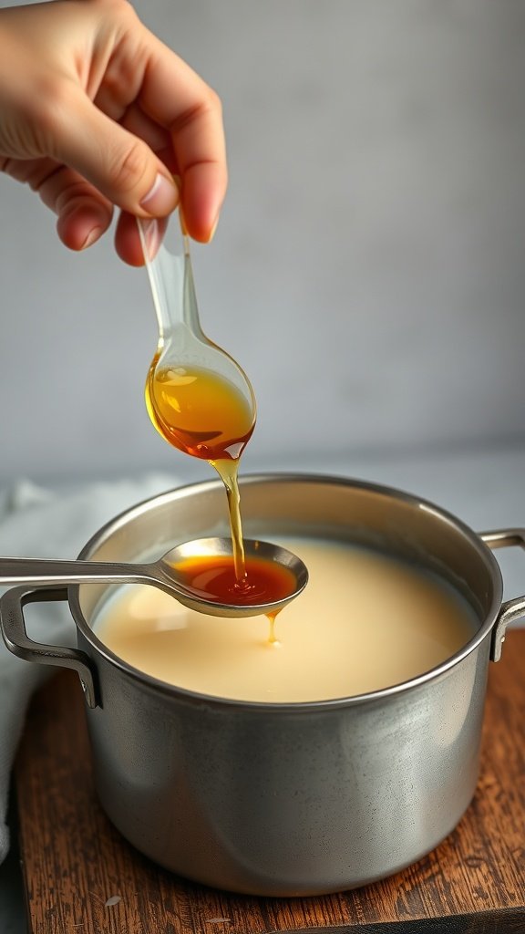 Uma mão despejando óleo de fragrância em cera de soja derretida em uma panela.