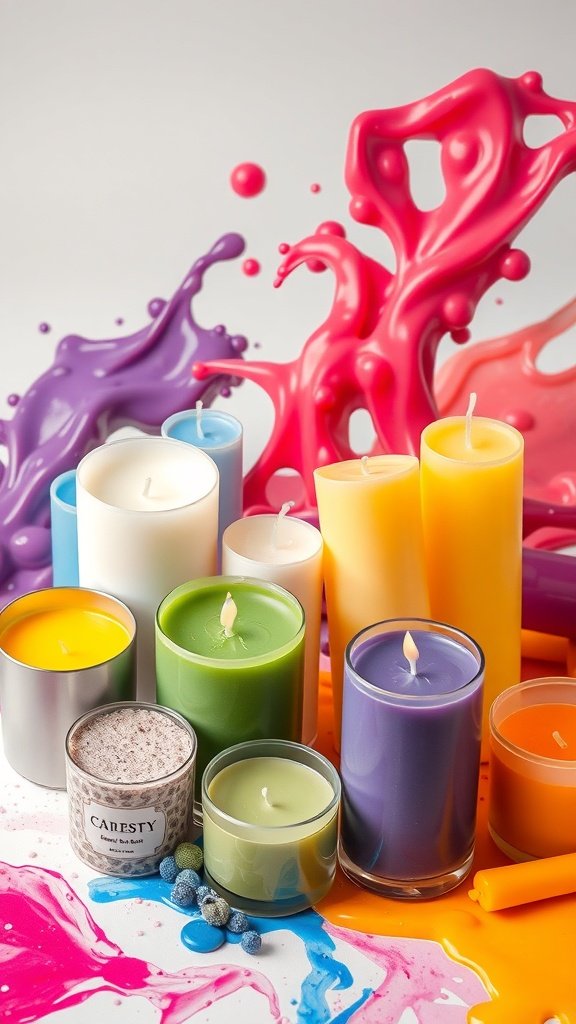 Velas coloridas de soja com respingos de tinta ao fundo