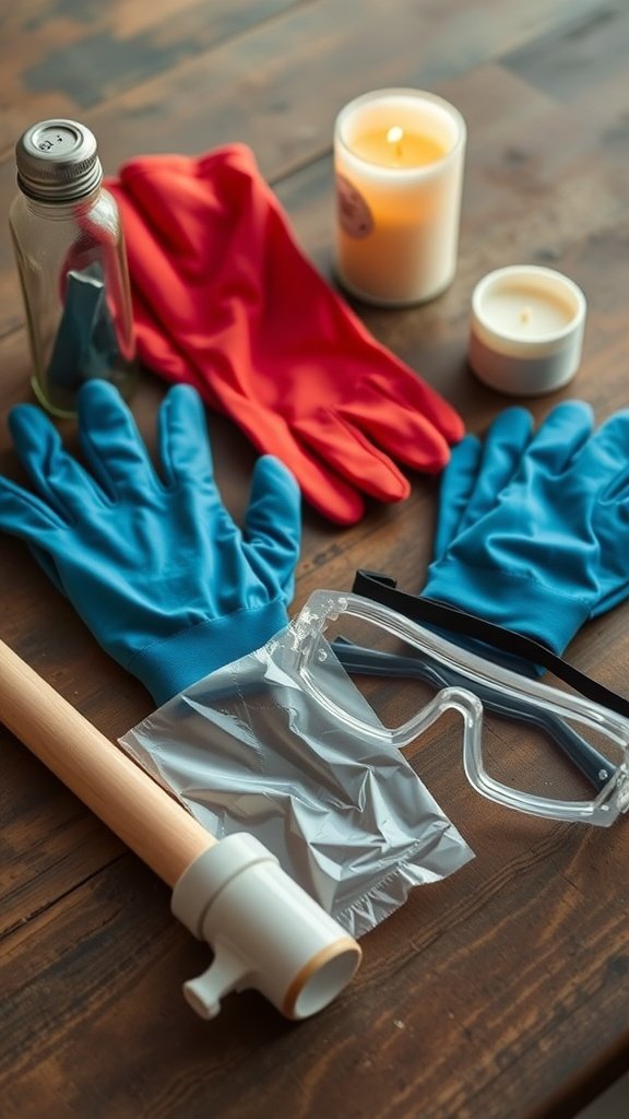 Equipamento de segurança para fazer velas de soja, incluindo luvas, óculos de proteção e uma garrafa.