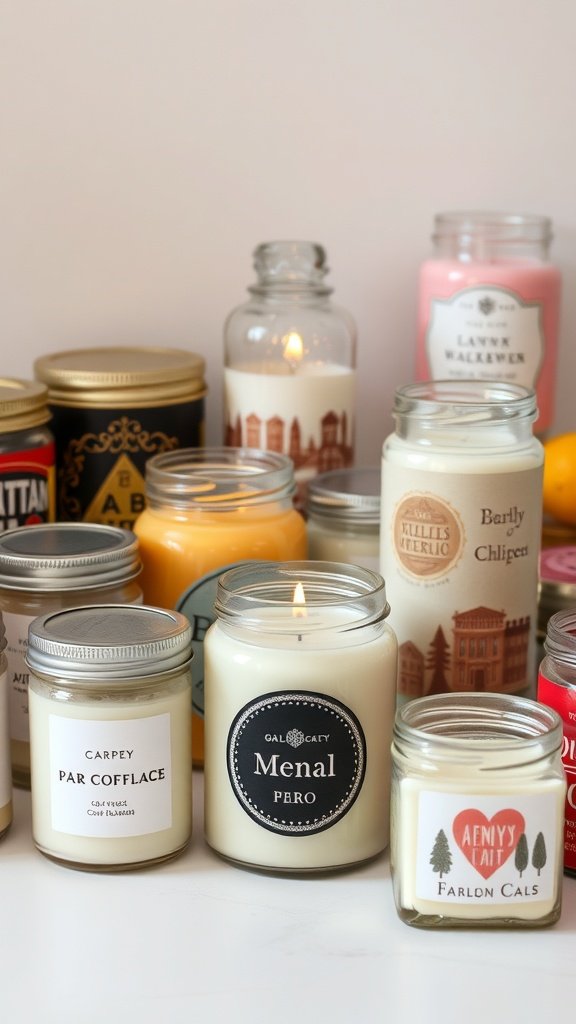 Vários recipientes para velas, incluindo potes de vidro e latas decorativas