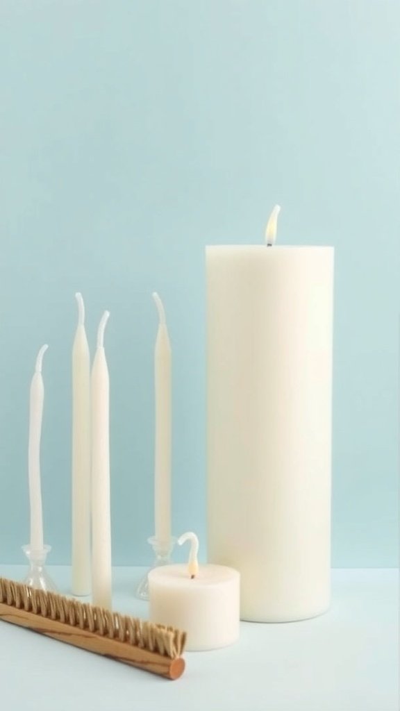 Vários tipos de pavios de velas e velas em diferentes formatos e tamanhos sobre um fundo azul claro.