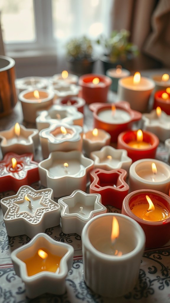 Uma variedade de velas acesas em diferentes formatos e cores, incluindo moldes em formato de estrela.