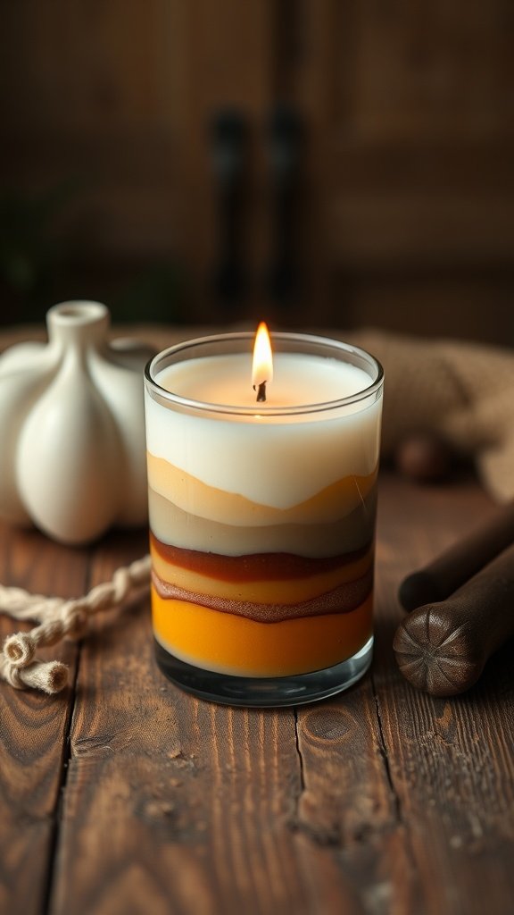 Uma vela de soja em camadas com várias cores e um pavio aceso, cercada por itens decorativos.