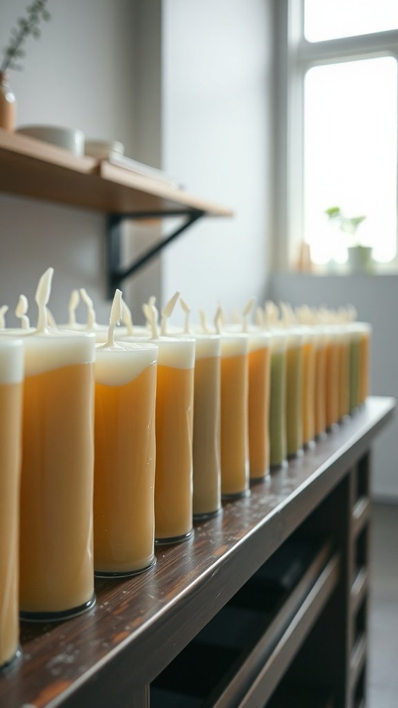 Uma fileira de velas de soja curando em uma prateleira de madeira, exibindo várias cores e tamanhos.