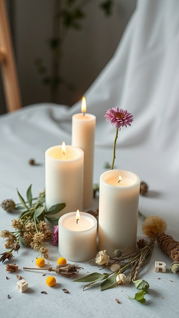 Uma coleção de velas decorativas de soja com flores e ervas secas dispostas ao redor delas.