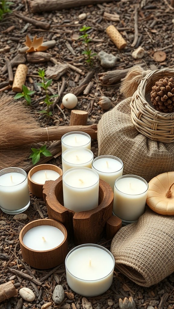 Uma coleção de velas de soja expostas entre materiais naturais como madeira e plantas, enfatizando a sustentabilidade.