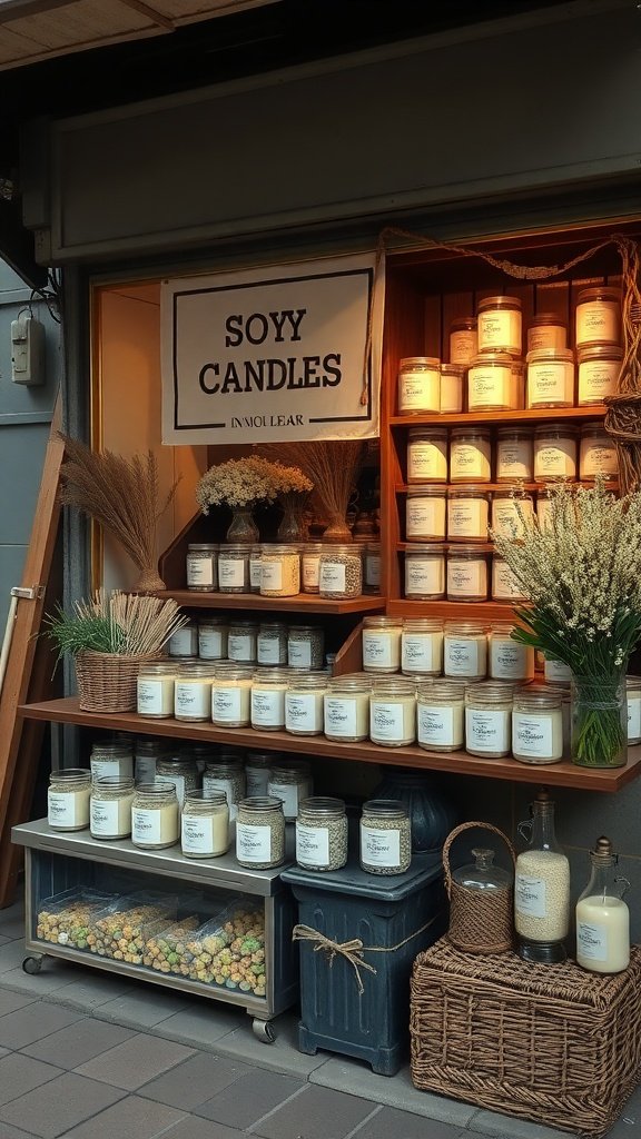 Uma exposição de velas de soja em potes, dispostas em prateleiras com elementos decorativos como flores secas e cestos.